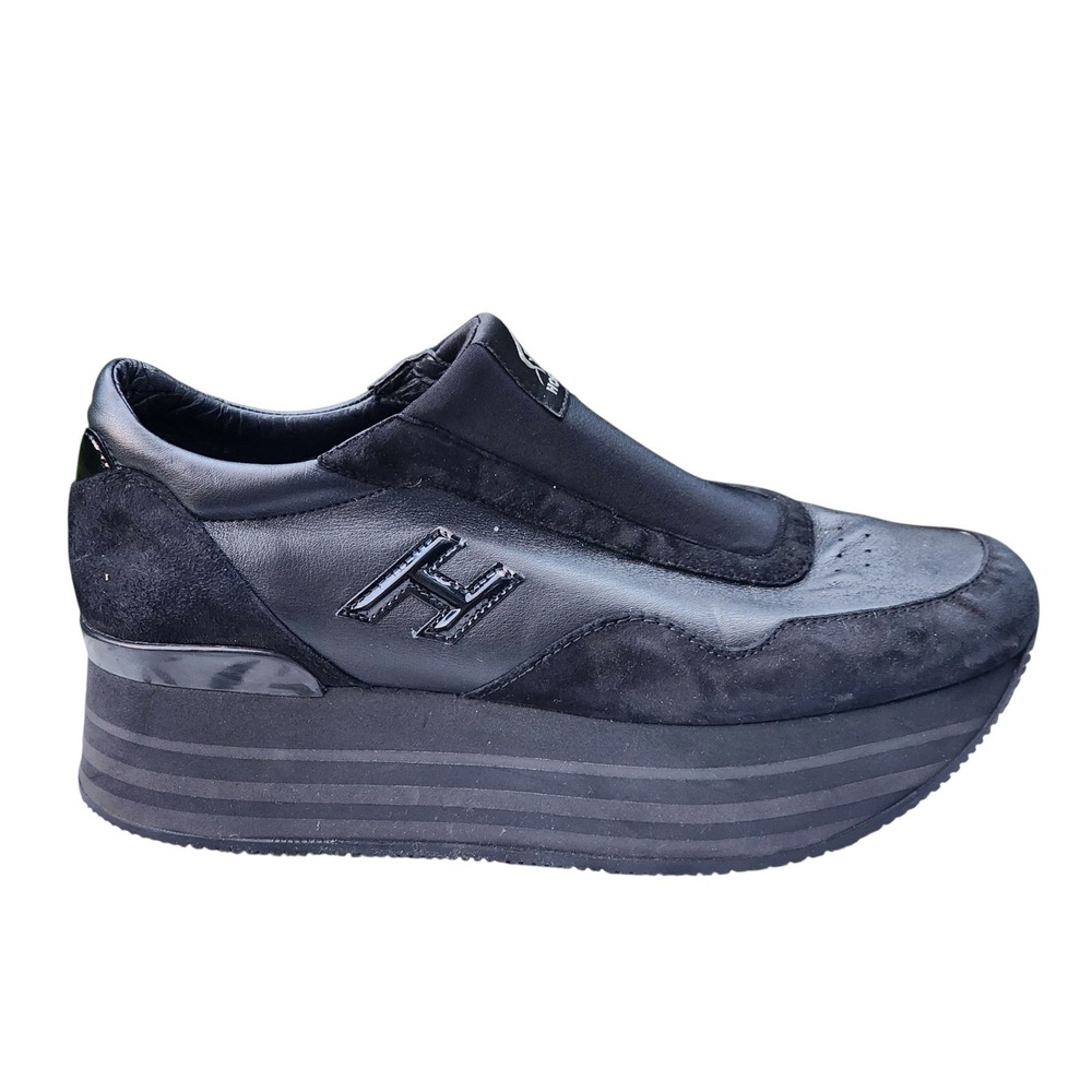Hogan Maxi H222 Black Leather Suede Platform Slip On Sneakers Womens 39.5